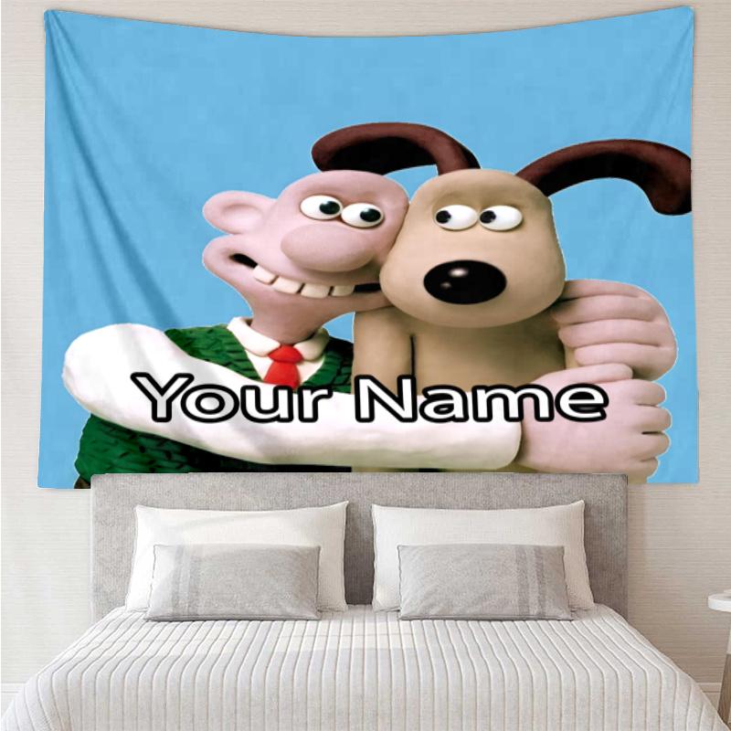 Custom Name Wallace & Gromit Print Tapestry, Backdrop, Easy Setup, Ideal for Bedroom, Office & Living Room, with Aesthetic Wall Hanging Decor.