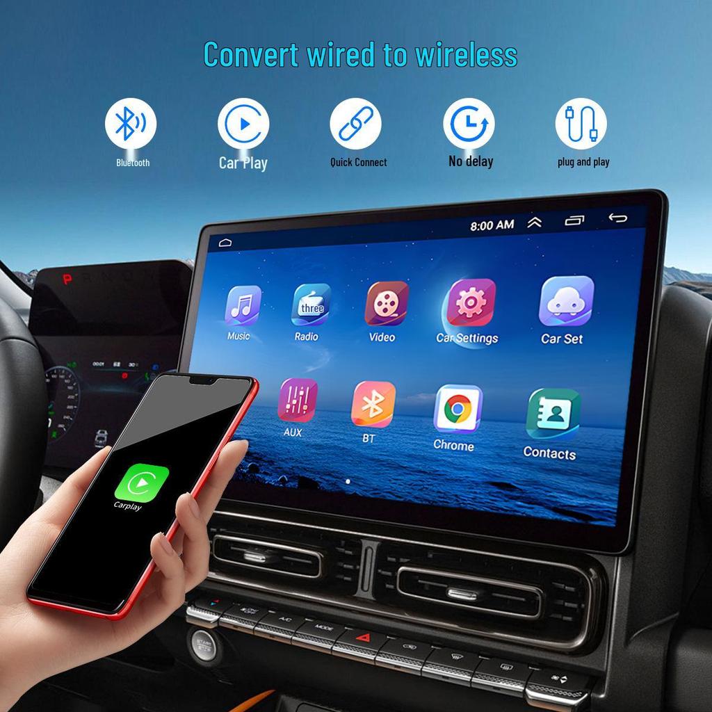 Wireless CarPlay Adapter for Smart Car Connectivity, Compatible with Apple & Android.