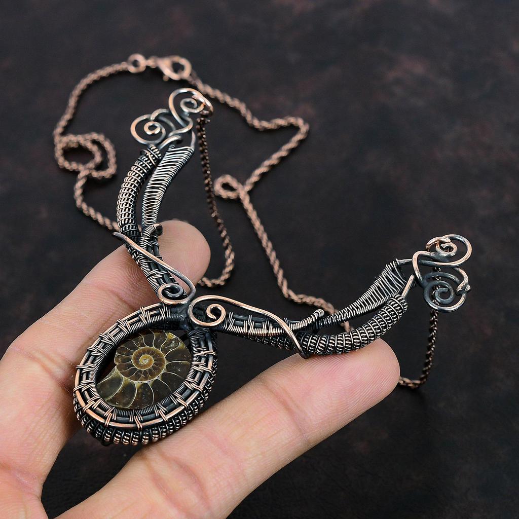 Ammonite Fossil Necklace Copper Wire Wrapped Necklace Handmade Copper Wire Jewelry Gemstone Necklace Ammonite Fossil Jewelry Gifts For Women