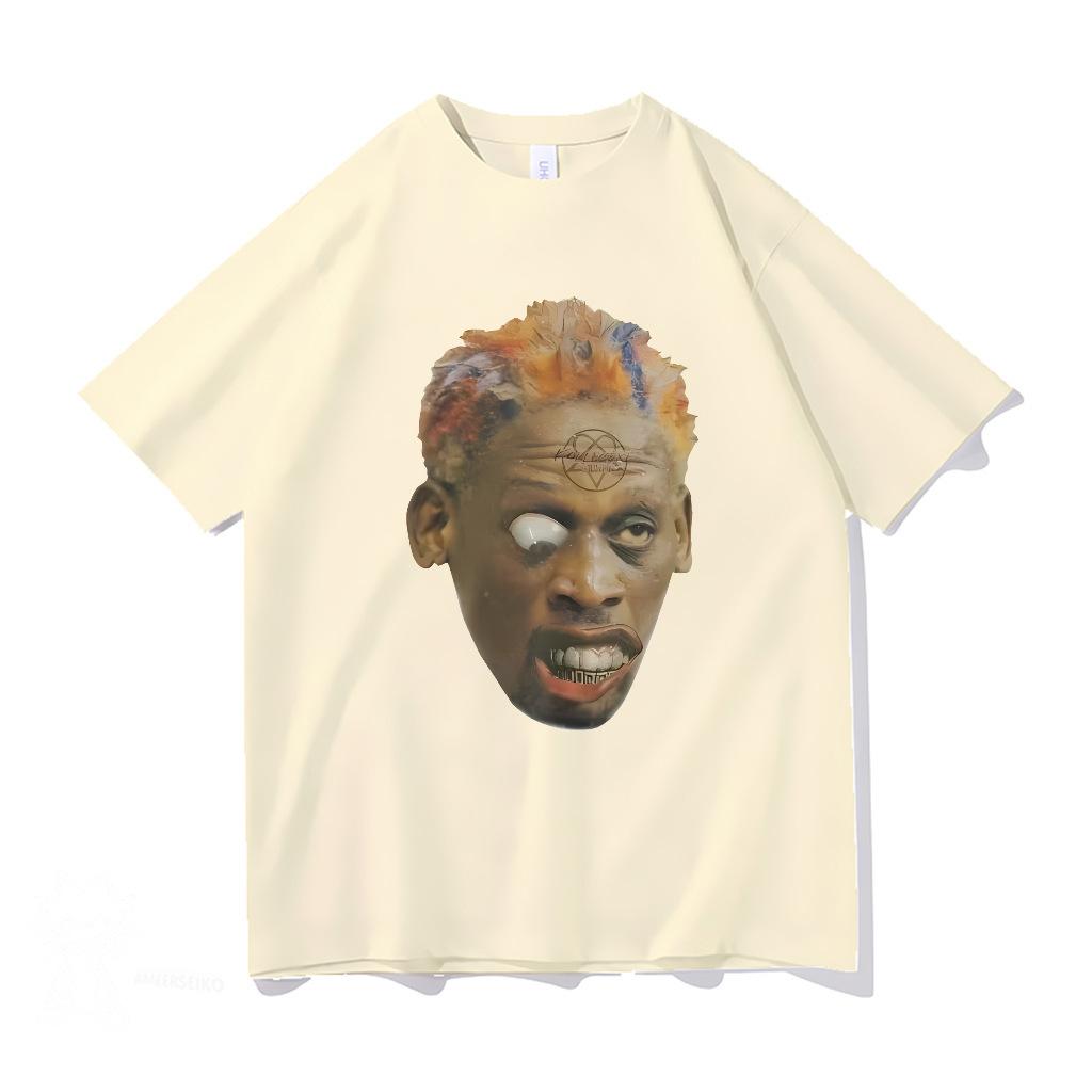 American street style Black head print short-sleeve T-shirt for men and women, loose street hip-hop rapper top