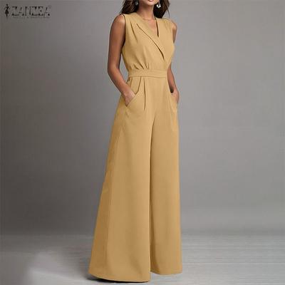Damen Lässiger V-Ausschnitt Einfarbiger Ärmelloser Jumpsuit mit Weiter Beinform