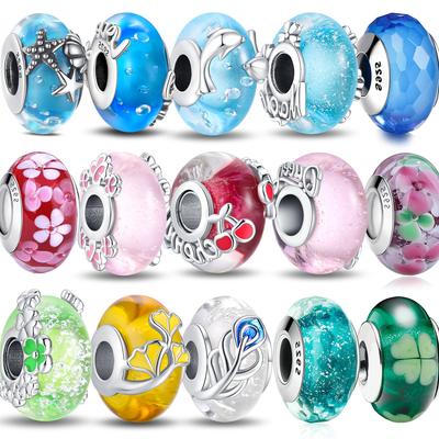 Romantic S925 Sterling Copper Multicolour Murano Glass & Curved Feather Charm Fit Moment Bracelet DIY Necklace Beads Zircon