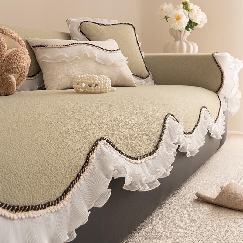 European Teddy Velvet Sofa Cushion With Lace Thick Anti Slip Couch Cover For All Seasons Irregular Hemline Furniture Protector 90*90cm