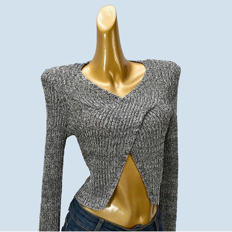Chic and Beautiful Cross V-neck Sexy Knitwear Women's Autumn New Arrival Long Sleeves Short Inner Padded Shoulder Tops