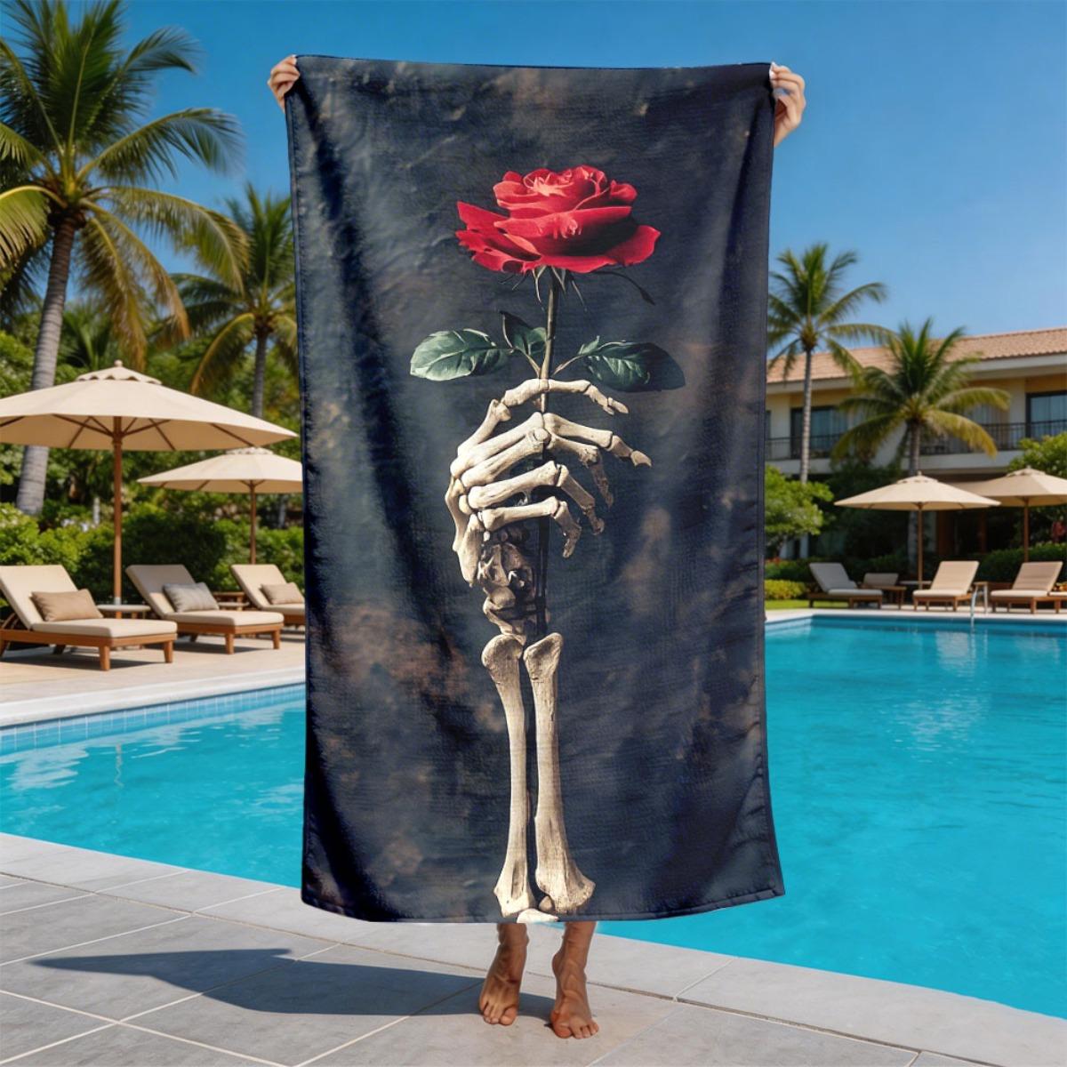 

Skeleton Hand and the Red Rose polyester microfiber beach towel is highly absorbent, suitable for swimming and beach outings W30*H60(CM)