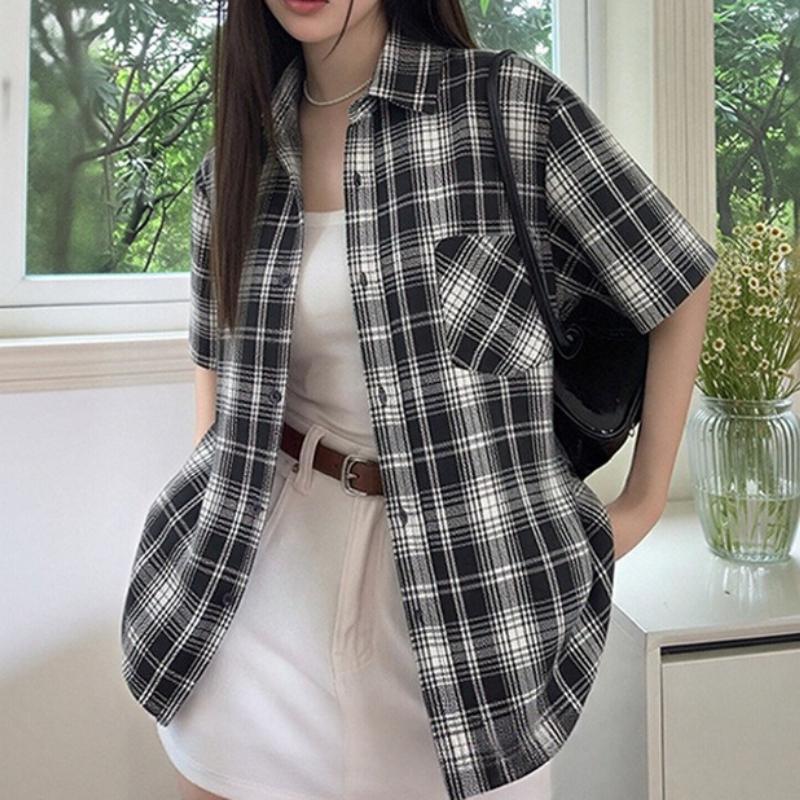 American Retro Plaid Short-sleeved Shirt Women's Summer Casual Loose and Thin Versatile Lazy Top Jacket Short Sleeve Shirt Oversized Casual Summer