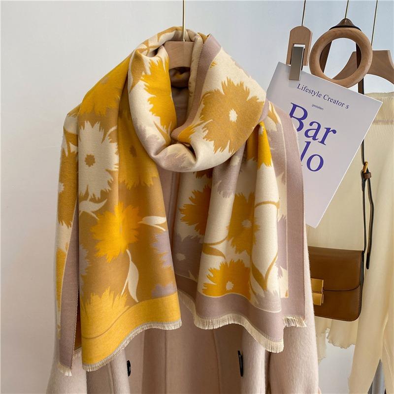 New literary and artistic thickened imitation cashmere winter scarf men's and women's double-sided sunflower shawl personalized scarf shmre