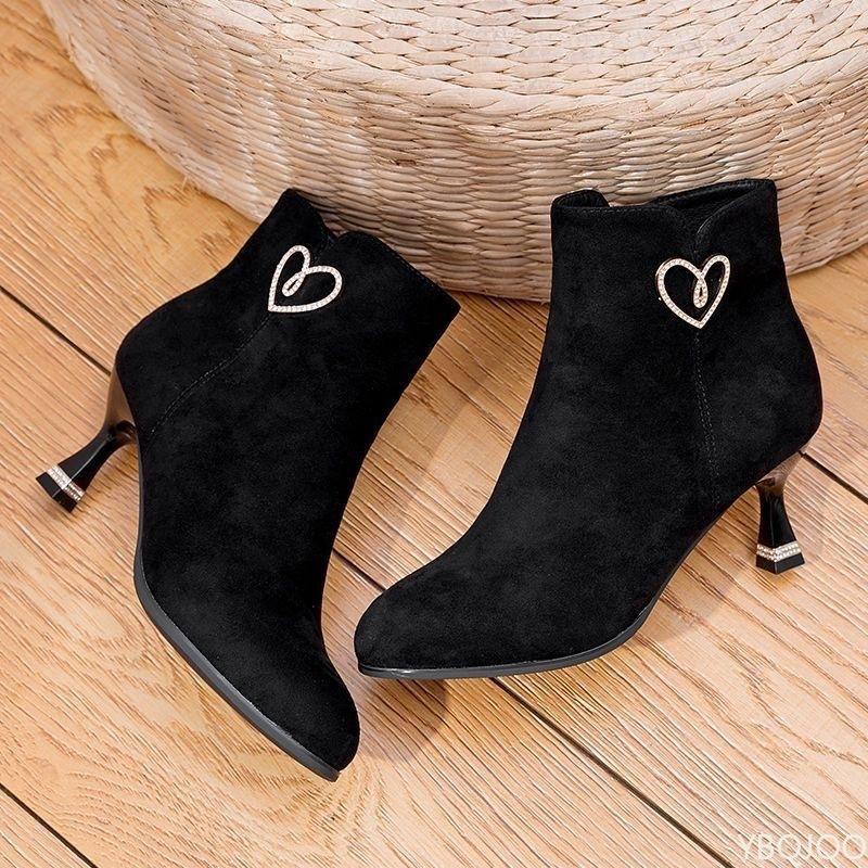 New Spring Autumn Fashionable Versatile Pointed High Heels Short Boots Women Elegant Simple warm Side Zipper Women's Shoes