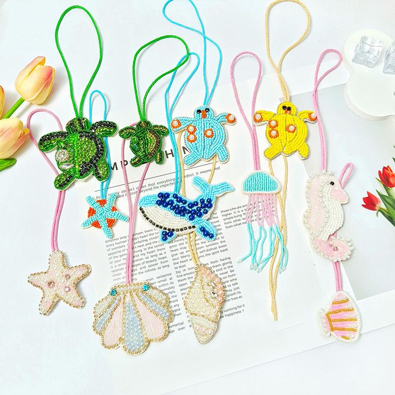 3D Ocean Theme Patches Handmade Rhinestone Beaded Patches with Hanging Rope Crystal Bag Lanyard Patch Beading Applique