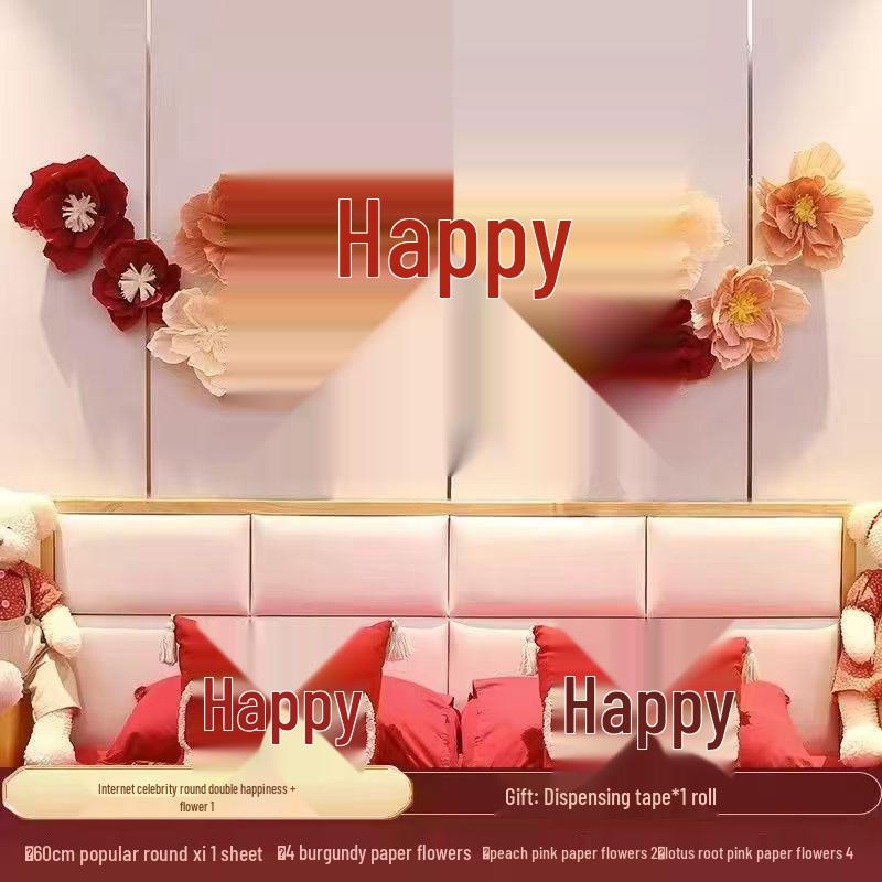 3D Wedding Xi Character Stickers & Crepe Paper Flowers for Bedroom and Living Room Decor