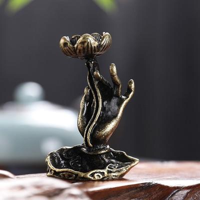 Antique Brass Lotus Backflow Incense Burner Buddha Hand Lotus Incense Base Holder for Home Yoga Aromatherapy Relax Gifts Tea Pet