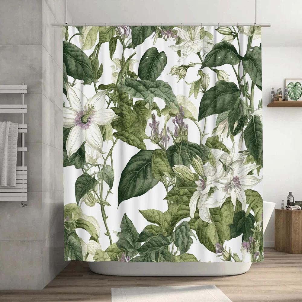Green leafy floral shower curtain with fresh botanical print for bathroom decor modern bathroom accessories set by TaurusDuan on