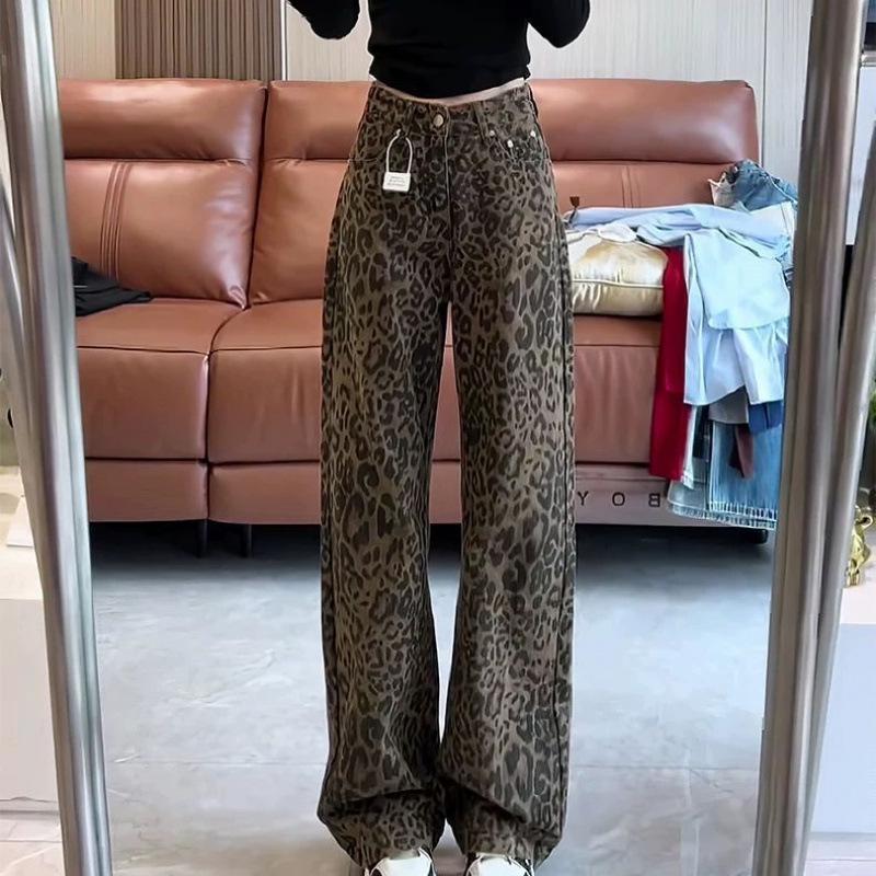 High Waist Leopard Print Wide-Leg Jeans - Autumn & Winter Style