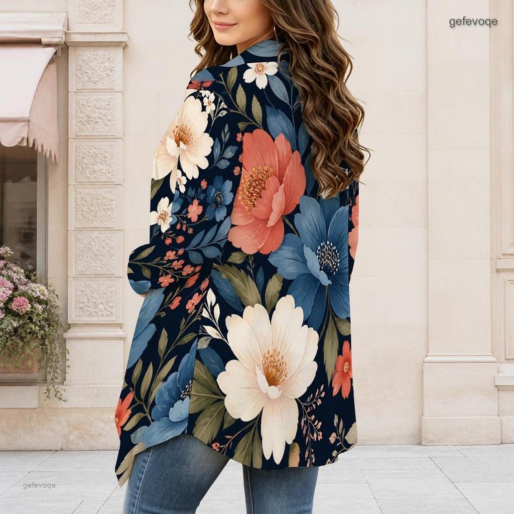 Women Plus Size Floral Printed Long Sleeve Open Front Draped Collar Curved Hem Cardigan
