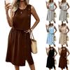 Sleeveless Round Neck Dress with Button Detail and Side Pockets A-Line Skirt Midi Length Summer Casual Dress for Women