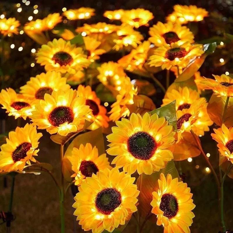 Solar Powered Sunflower Simulation LED Lights 1/3 Heads Garden Yard Lawn Night Landscape Lamp Christmas Decor Flower Light