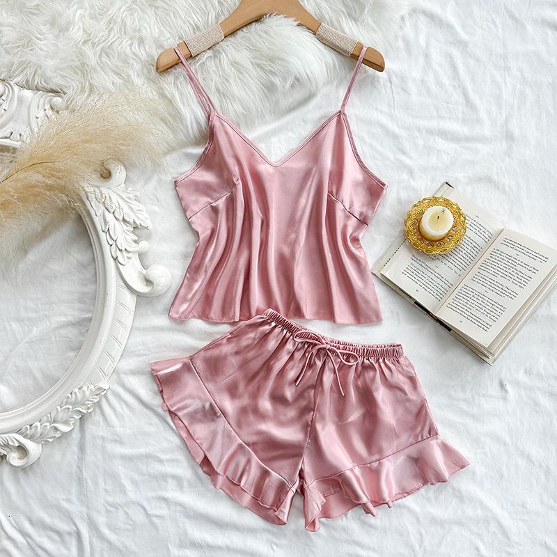 Women's Backless Spaghetti Strap Imitation Silk Pajamas Set - Casual, Fashionable, Sexy Shorts Lounge Wear