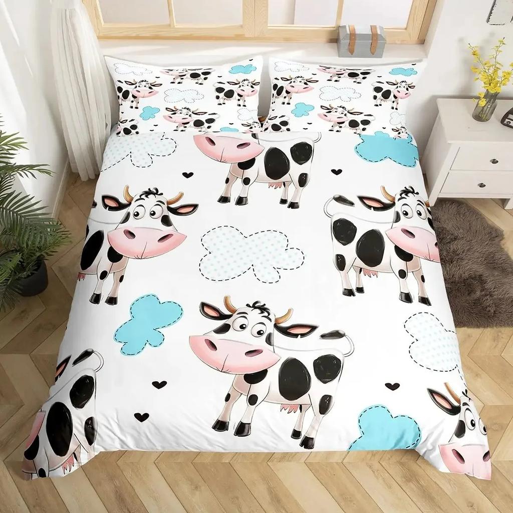Milk Cow Pattern Bedding Set King Queen Animals Theme Comforter Cover Chocolate Brown Duvet Cover Cute Kawaii Cattle Quilt Cover