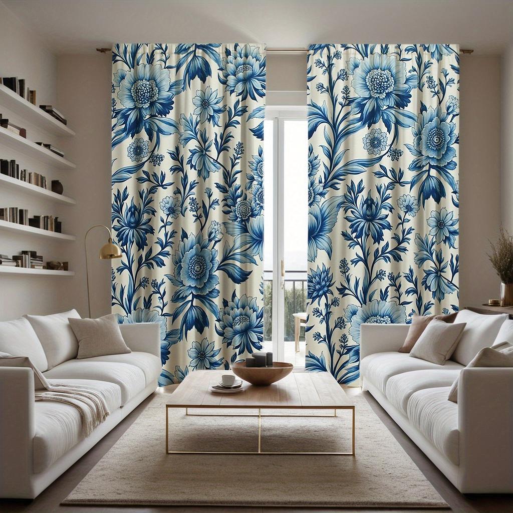 2pcs Blue Floral Print Curtains - Rod Pocket Semi-Sheer Window Drapes   Polyester Sateen Weave    Machine Washable