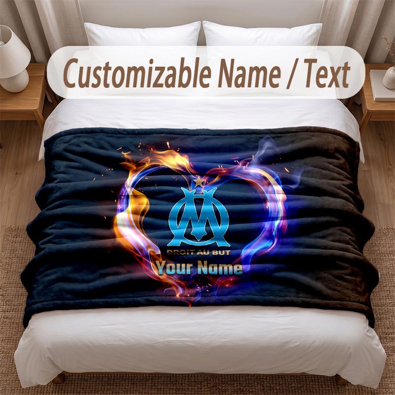 Olympique Marseille FC Printed Flannel Blanket Custom Name Text Soft Warm Throw For Bedroom Holiday Gift