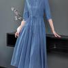 Women Round Collar Solid Color Dress Ladies Mid-length Waist Long Skirt Cotton A-Linen Dresses Women Clothing