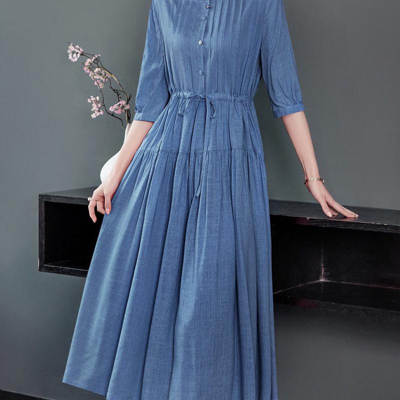 Women Round Collar Solid Color Dress Ladies Mid-length Waist Long Skirt Cotton A-Linen Dresses Women Clothing