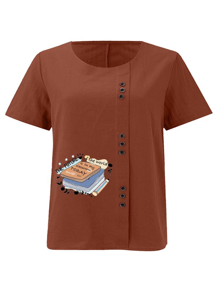 Women's Fashion Book Letter Pattern Print Round Neck Short Sleeve T-shirt Casual Cotton Linen Graphic Shirt Leisure Loose Summer Blouse Tops