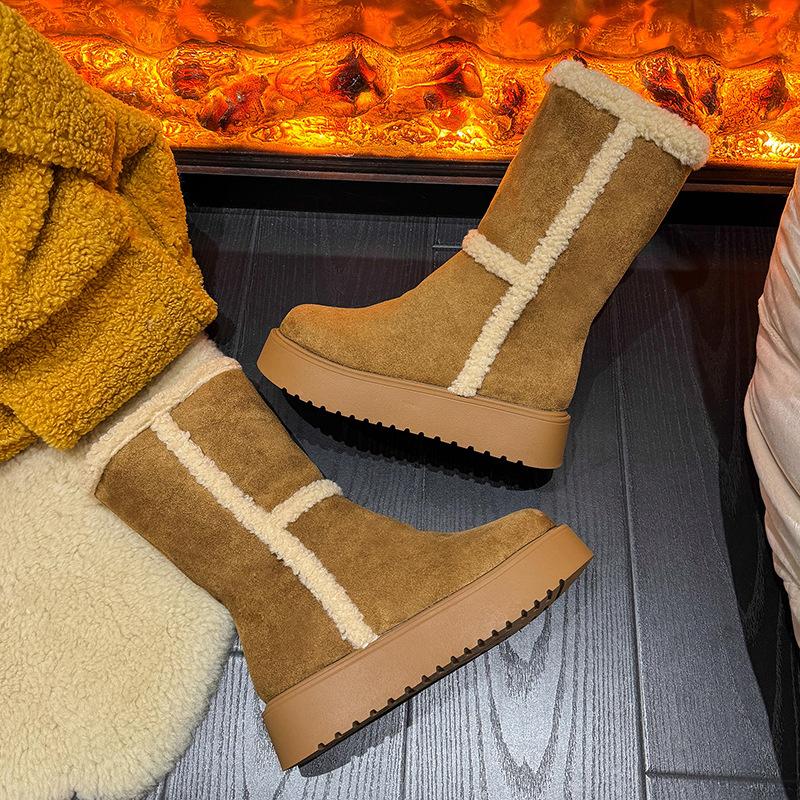 Women's thick-soled one foot stirrup mid-calf winter lightweight warm anti cold padded snow boots non-slip wear casual sneakers cotton boots