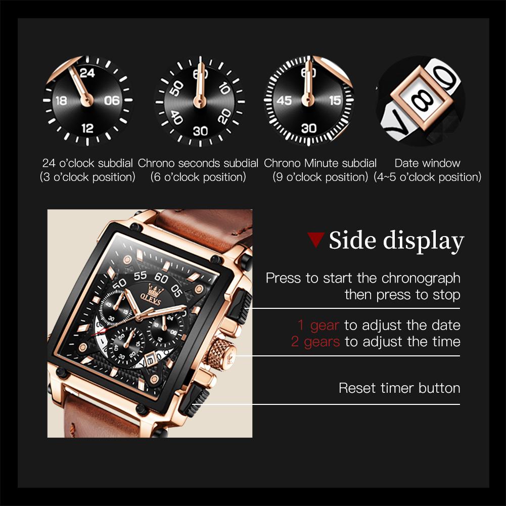 OLEVS Brand Men's Watch Quartz Watch Multi Functional Waterproof Sports Square Watch 9919