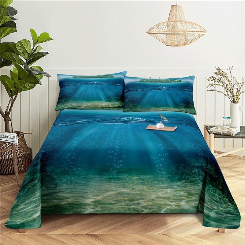 Seaside Scenery 0.9/1.2/1.5/1.8/2.0m Digital Printing Sturdy Polyester Bed Flat Sheet With Pillowcase Print Pattern Bed Ensemble
