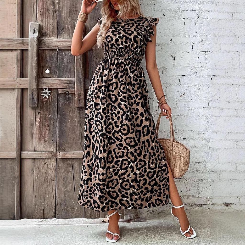 Elegante Abito da Donna con Stampa Leopardata: Vita arricciata, Scollo rotondo, Manica corta, Lunghezza lunga