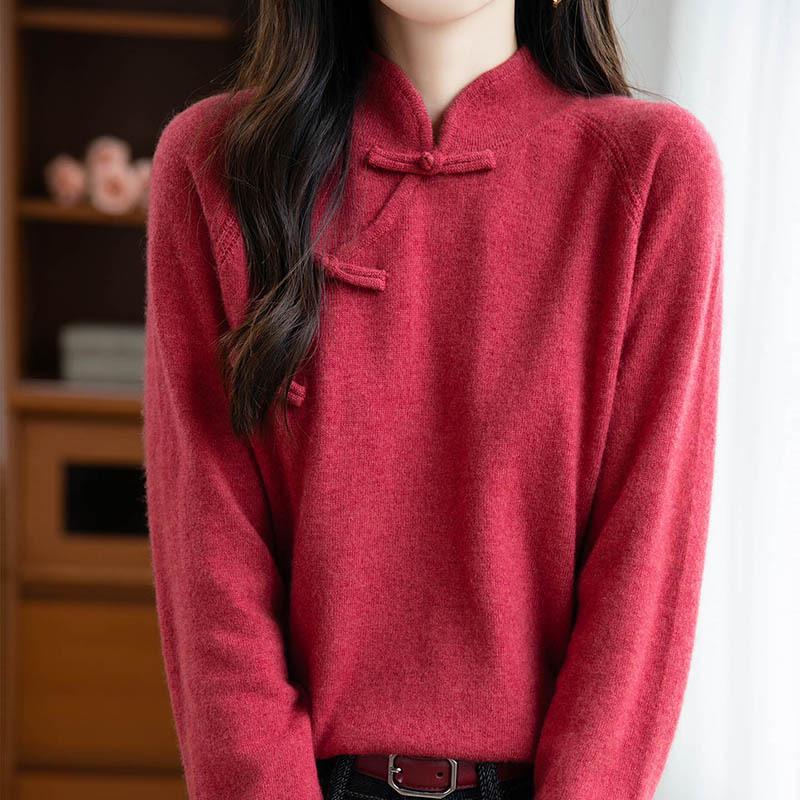 100% Australian Wool Retro Chinese Style Frog Button Sweater - Women's Thick Wool Base Layer for Autumn/Winter 2025.