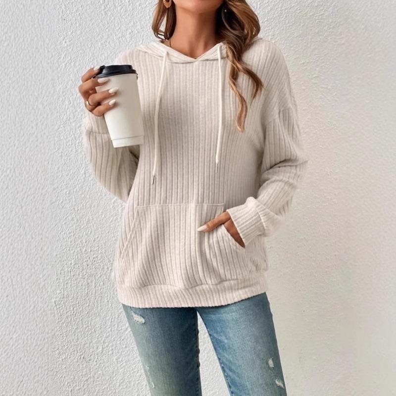 Women S Ribbed Hooded Sweatshirt Long Sleeve Loose Fit With Kangaroo Pocket