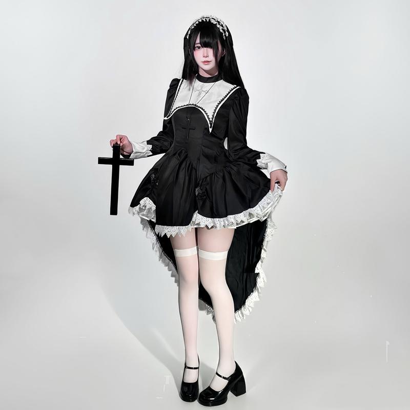 Anime Cosplay Costume Dark Sweet and Cool Embroidered Cross Halloween Nun Costume COS Costume