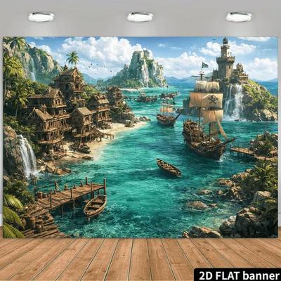 2D Caribbean Pirate Town Backdrop, Wooden Buildings & Turquoise Ocean Photography Background
