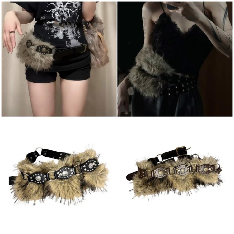 90s Faux Leather Belt Plush Furry Trim Waistband Cowgirl Punk Waist Girdle Creative Waist Ornament Clothing Accessory