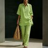 Women Two Piece Set Loose Fit Short Sleeve Shirt with Button Detail and Wide Leg Pants Casual Outfit for Everyday Wear