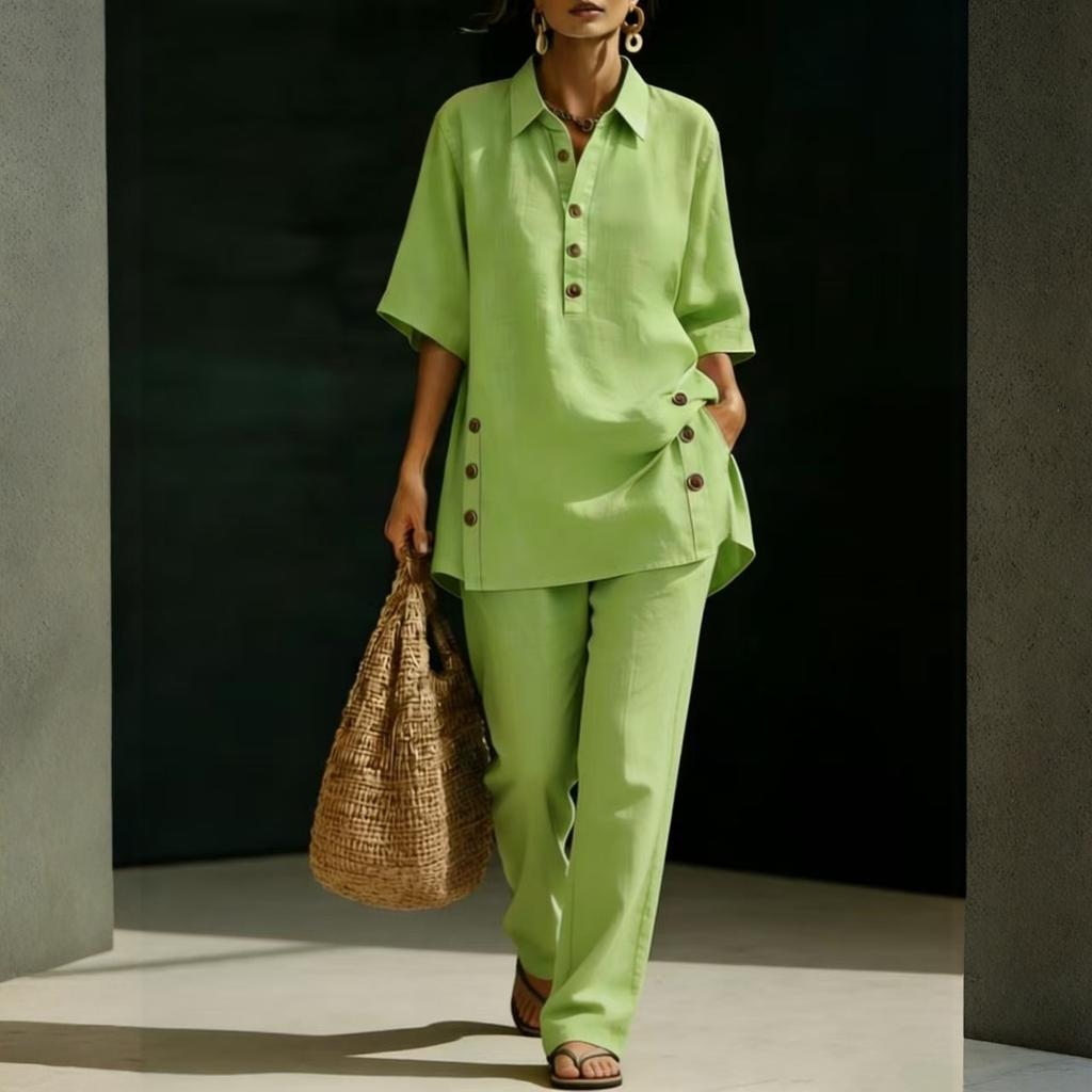 Women Two Piece Set Loose Fit Short Sleeve Shirt with Button Detail and Wide Leg Pants Casual Outfit for Everyday Wear