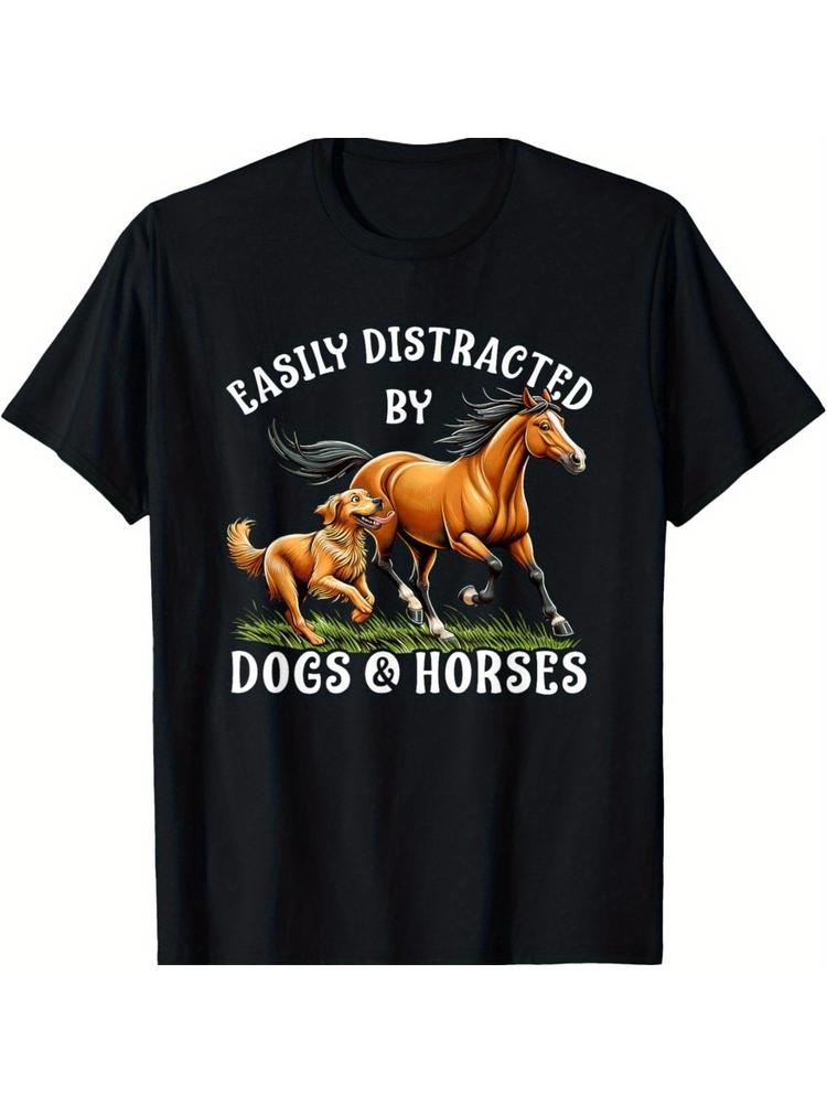 Vintage Graphic 100 Cotton TShirt Easily Distracted By Dogs And Horses Summer