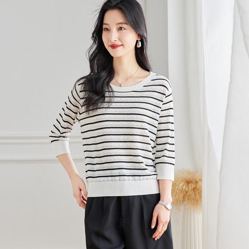 Srcr Women's Retro Striped 3/4 Sleeve Knit Sweater