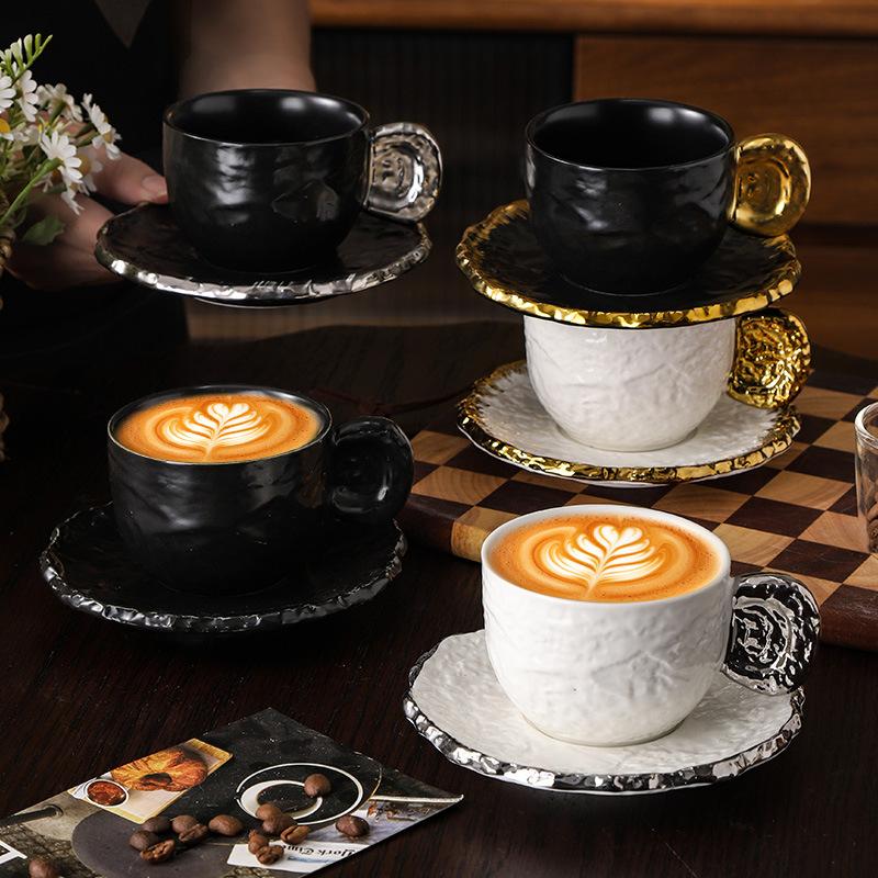 New Ceramic Embossed Coffee Cup and Saucer Black White Ceramic Latte Coffee Mug Exquisite Afternoon Tea Flower Tea Cup Milk Mug