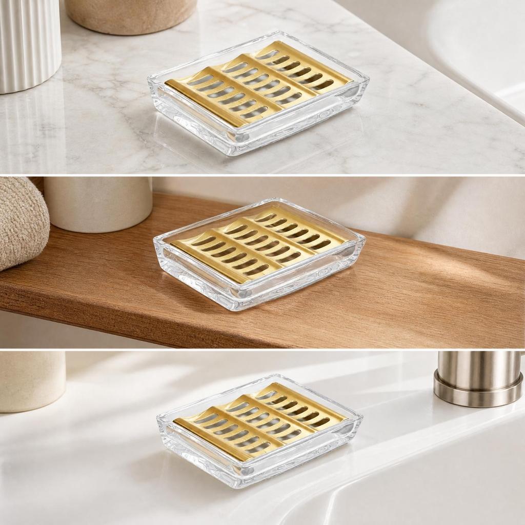 Bathroom Accessory Transparent Rectangular Soap Dish with Slotted Drain Modern