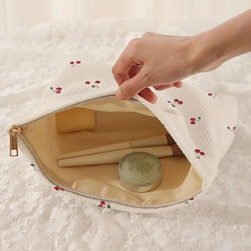 Fashion Cherry Printed Corduroy Makeup Bags Large Capacity Lightweight Zipper Makeup Storage Box Multifunctional Bag with Lining