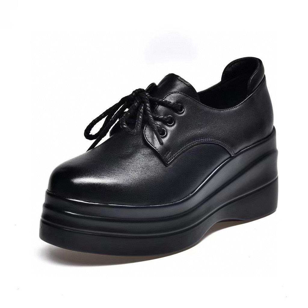 Platform Shoes Women's 2025 Spring New Round Head Lace-up Muffin Heel Women's Shoes First Layer Cowhide Leisure College Style Single Shoes