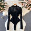 Women Long Sleeve V Neck Lace Trim Fitted Top Brown Black Multi Colors