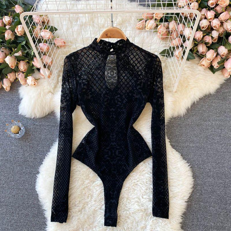 Women Long Sleeve V Neck Lace Trim Fitted Top Brown Black Multi Colors