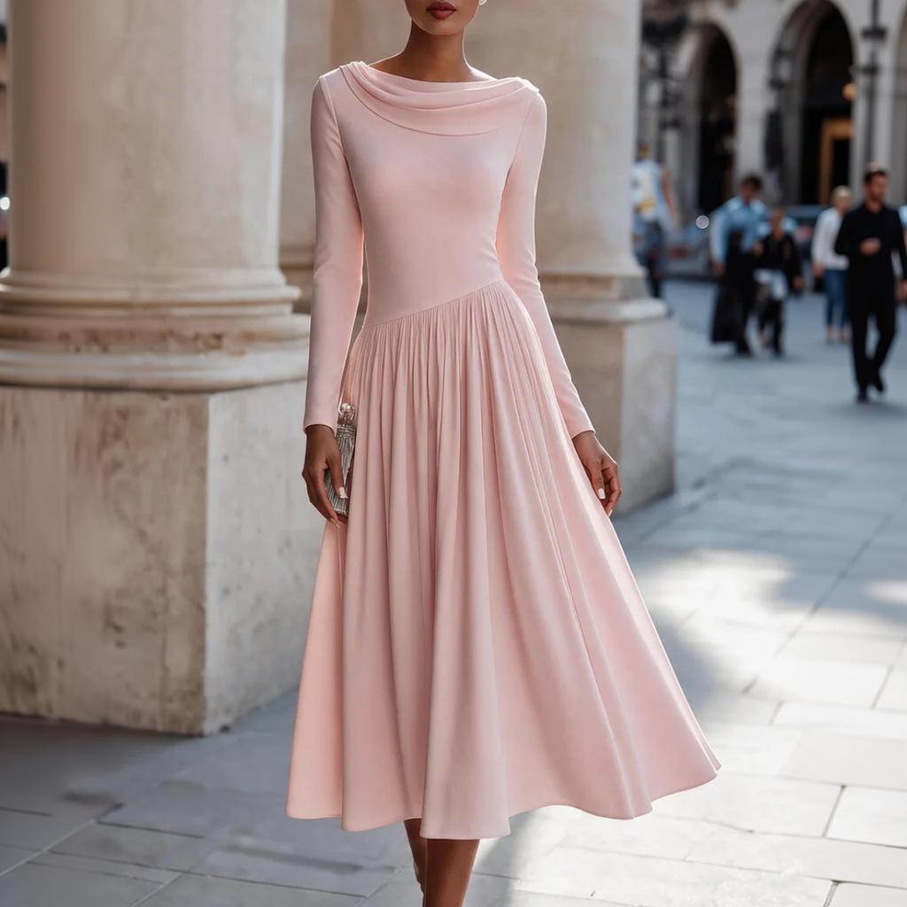 Damen Langarm Rollkragen Midi Kleid A-Linie Fließendes Partykleid für Abendveranstaltungen