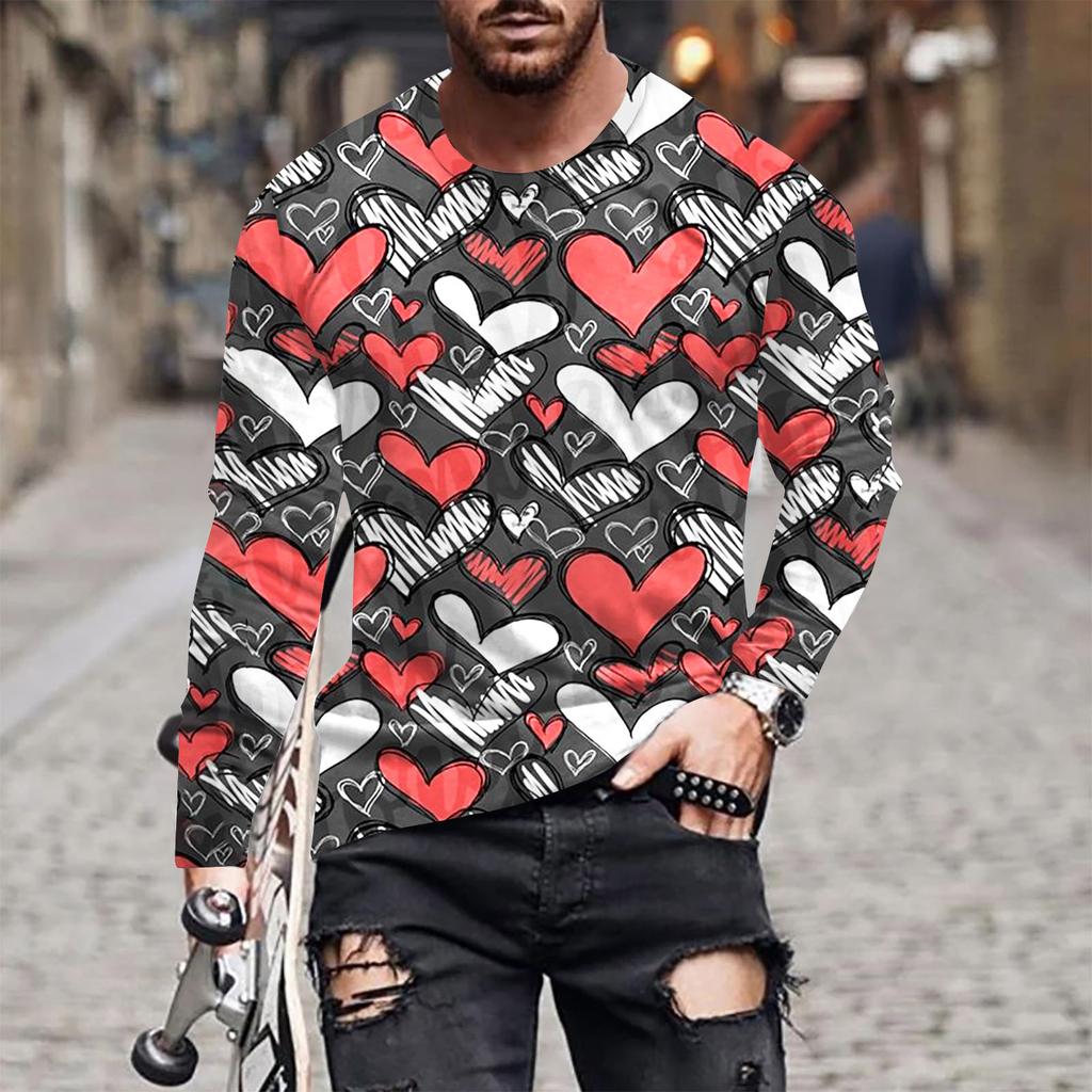 Spring and Autumn Round Neck 3D Love Printed Top Valentine's Day Themed T-shirts Fashionable Casual Long Sleeved Men's T-shirts