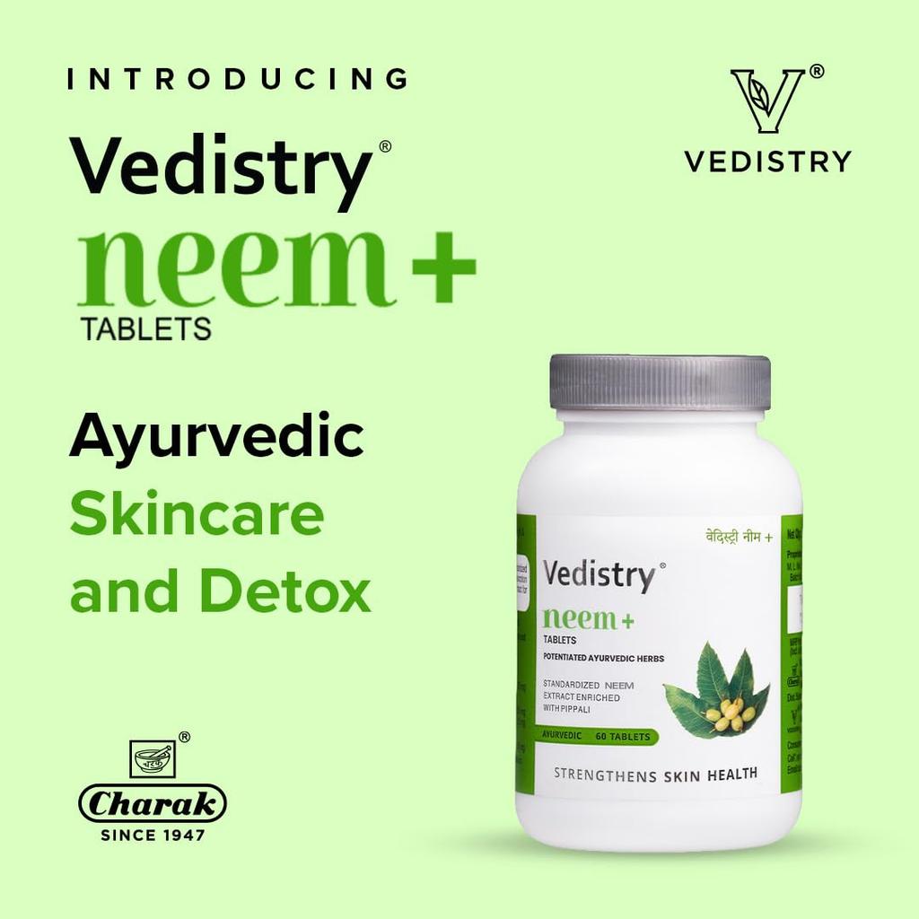 Vedistry Neem+ Ayurvedic Tablets for Skin & Blood Purifier | Detox, Immunity & Clear Healthy Skin – 60 Tablets Pack of 1