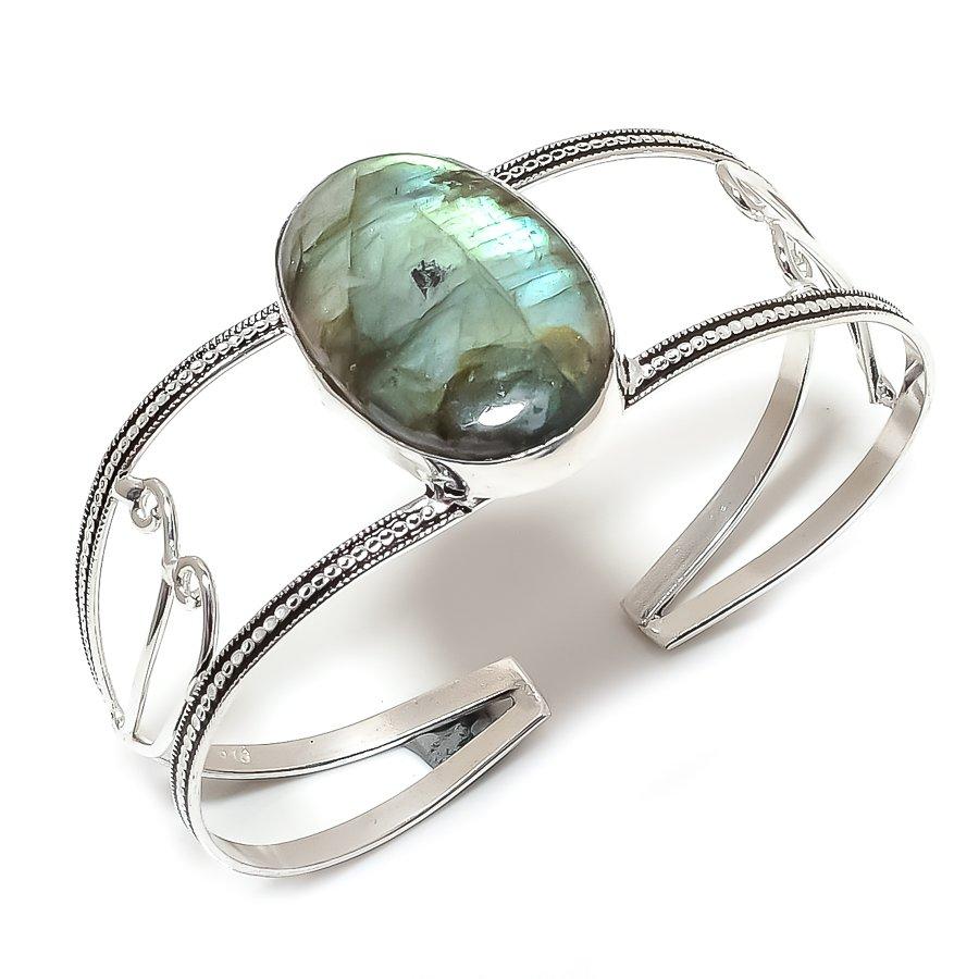 

Лабрадорит Драгоценный Камень 925 Стерлинговое Серебро Манжета Браслет Регулируемый